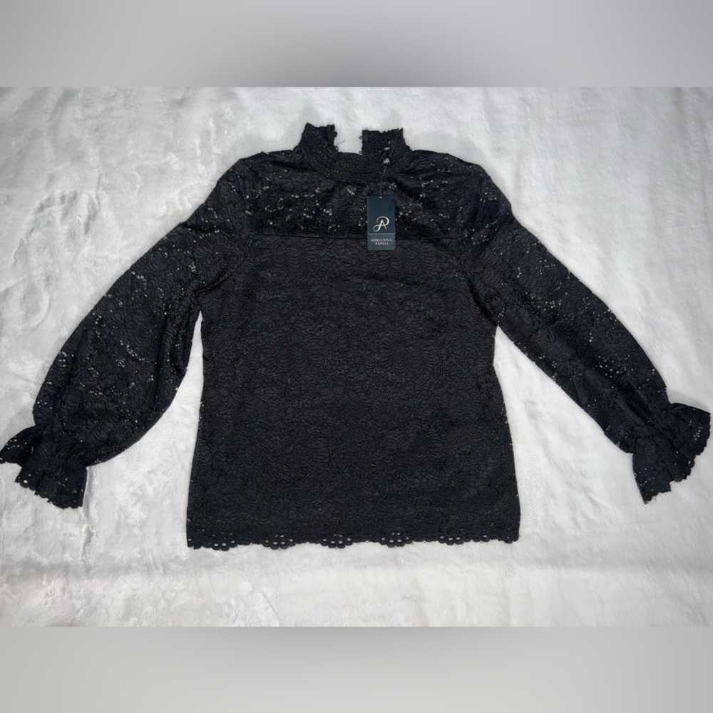 Adrianna Papell Women's Large Black Smocked Sleeve Lace Lined Round Neck Blouse